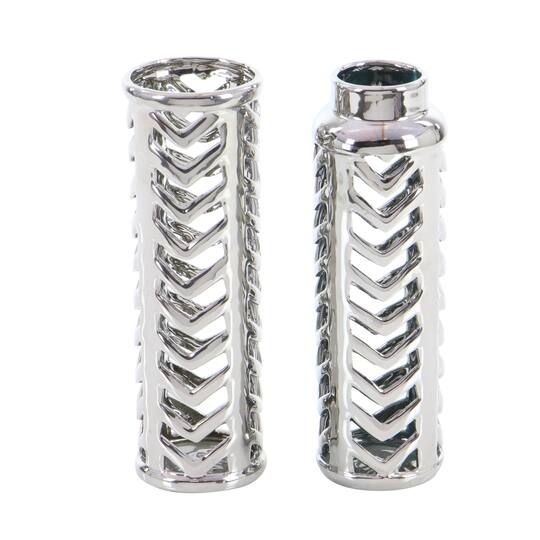 Set of 2 Silver Stoneware Glam Vase, 4" x 11"